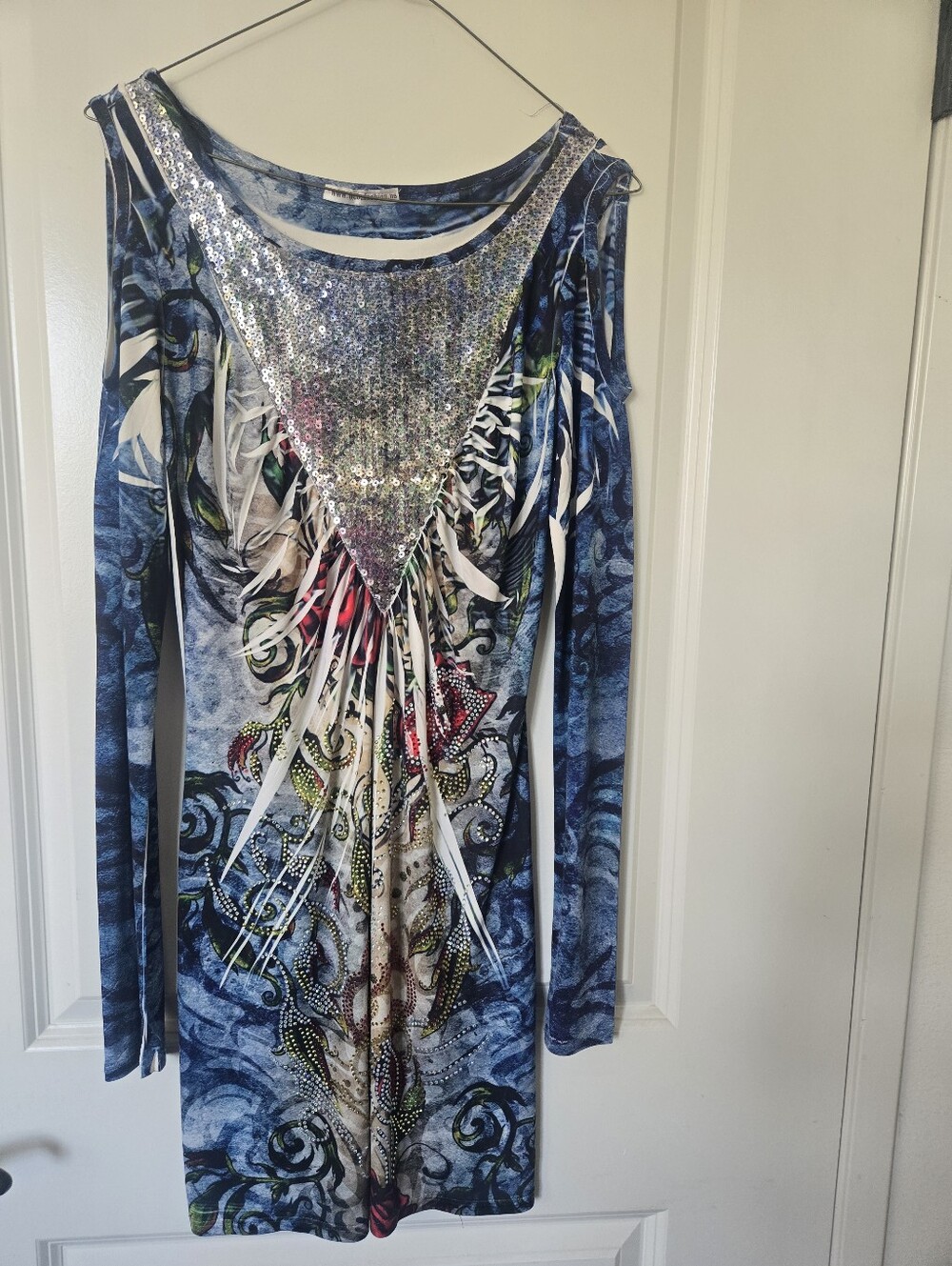 Blue Long Sleeve Sequin Accent Dress